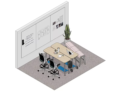 Modern Office Desk Interior With Whiteboard Notes Pictures Plant And Chairs 3d model