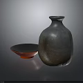 Decorative Ceramic Clay Vase And Red Blue Small Bowl On Dark Glossy Surface