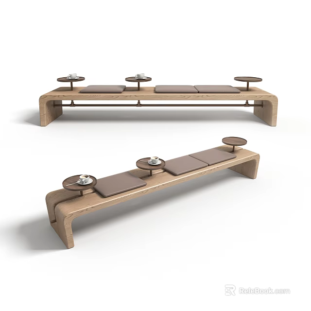 Modern Minimalist Wooden Sofa Bench With Cushioned Seats And Small Round Tables 3d model 