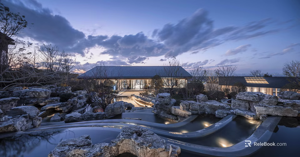 Tranquil Evening Garden Landscape With Rock Formations Water Features And Traditional Building Lighting 3d model 