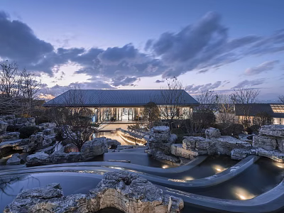 Tranquil Evening Garden Landscape With Rock Formations Water Features And Traditional Building Lighting 3d model