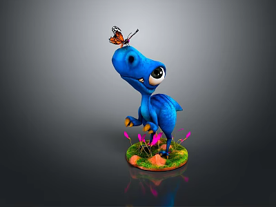 Blue Cartoon Dinosaur With Butterfly On Head On Green Grass Orange Flowers Pink Blades 3d model