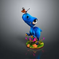 Blue Cartoon Dinosaur With Butterfly On Head On Green Grass Orange Flowers Pink Blades