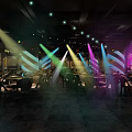 Modern Bar Interior With Colorful Stage Lights Tables And Comfortable Chairs