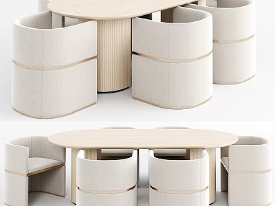 Modern Table And Chair Set With Oval Wooden Table And Beige Minimalist Chairs 3d model