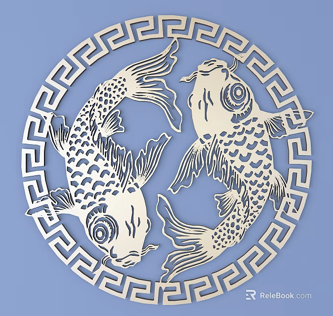 Exquisite Circular Carving Design With Two Koi Fish And Geometric Border Artwork 3d model