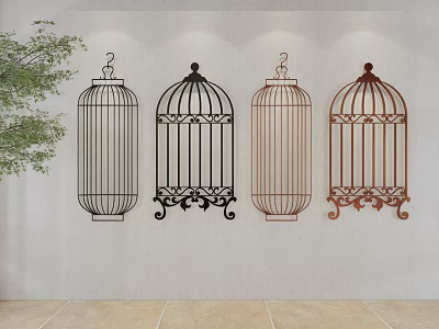 Colorful Birdcage Shaped Metal Wall Decor Hanging On White Wall With Decorative Design 3d model