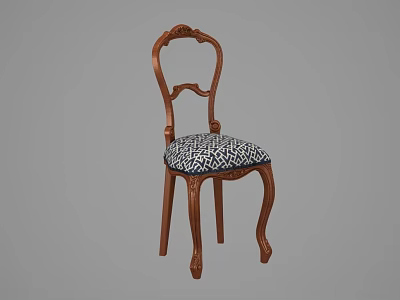 Classic Wooden Dining Chair With Carved Curved Backrest And Ornate Legs Upholstered Seat Patterned Fabric 3d model