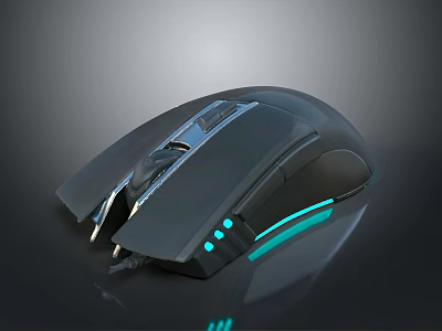 Modern Black Wired Mouse With Ergonomic Design And Blue LED Lights For Comfortable Grip 3d model