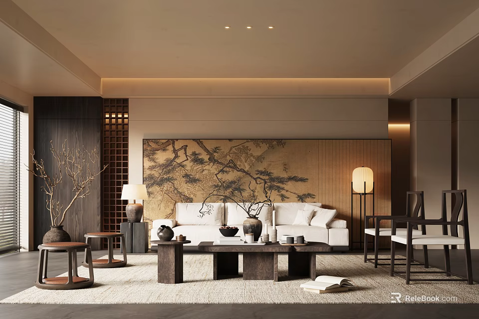 Elegant Chinese Living Room Interior Design With White Sofa Wooden Coffee Table And Pine Painting 3d model 
