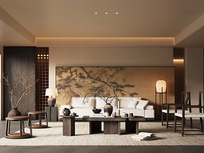 Elegant Chinese Living Room Interior Design With White Sofa Wooden Coffee Table And Pine Painting 3d model