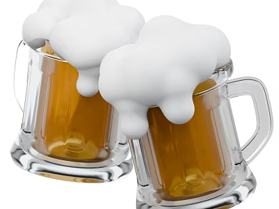 Two Transparent Beer Mugs Filled With Golden Beer Overflowing White Foam 3d model