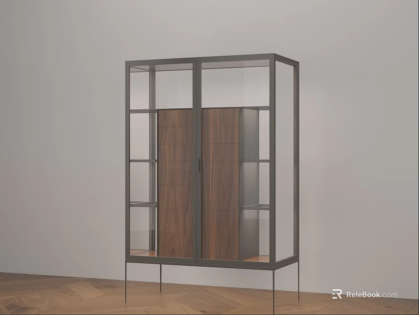 Modern Entryway Console Cabinet With Glass Doors Wooden Panels And Metal Frame 3d model 