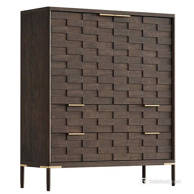 Modern Entryway Cabinet Sideboard With Woven Wooden Texture And Metal Handles 3d model 