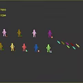 Colorful Fantasy Characters And Magical Creatures With Weapon Props On Dark Shiny Surface