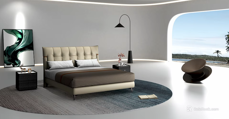 Modern Double Bed With Beige Upholstered Headboard Nightstand Floor Lamp Sea View Rug And Book On Rug 3d model 