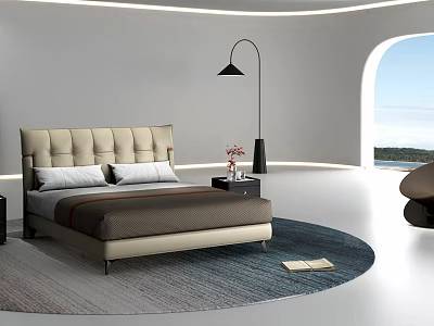 Modern Double Bed With Beige Upholstered Headboard Nightstand Floor Lamp Sea View Rug And Book On Rug 3d model