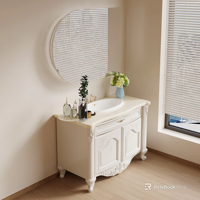 Elegant Bathroom Vanity With Round Woven Mirror Decorative Plant Flower Vase And Window Blinds 3d model 