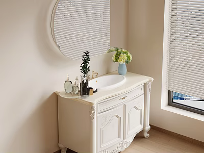Elegant Bathroom Vanity With Round Woven Mirror Decorative Plant Flower Vase And Window Blinds 3d model