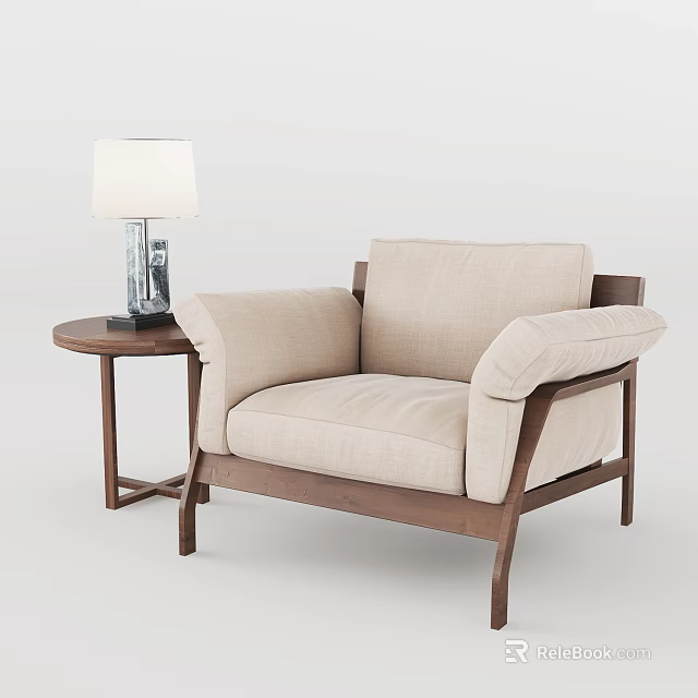 Beige Single Sofa With Wooden Frame And Side Table With Table Lamp 3d model