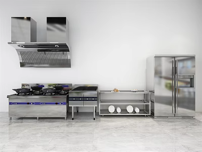 Stainless Steel Kitchen Appliances In Modern Design Featuring Range Hood Cooktop And Refrigerator 3d model