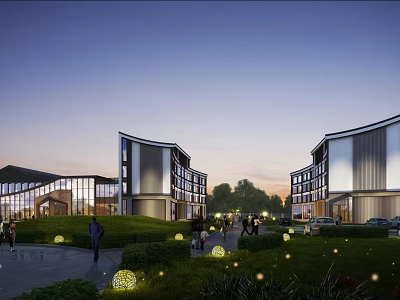 Modern Office Building Complex With Glass Facade Green Lawns And Evening Lighting 3d model
