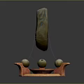 Abstract Sculpture With Vertical Blue Spotted Structure Orange Base Curved Supports Red Tray And Spheres