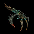 Mythical Flying Creature with Blue and Brown Wings Spiked Tail and Claws on Dark Background