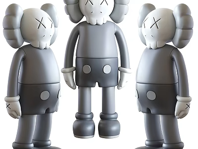 Three Gray KAWS Style Dolls With XX Eyes Round Ears And Shorts Decorative Figures 3d model