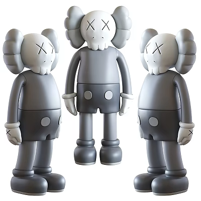 Three Gray KAWS Style Dolls With XX Eyes Round Ears And Shorts Decorative Figures 3d model