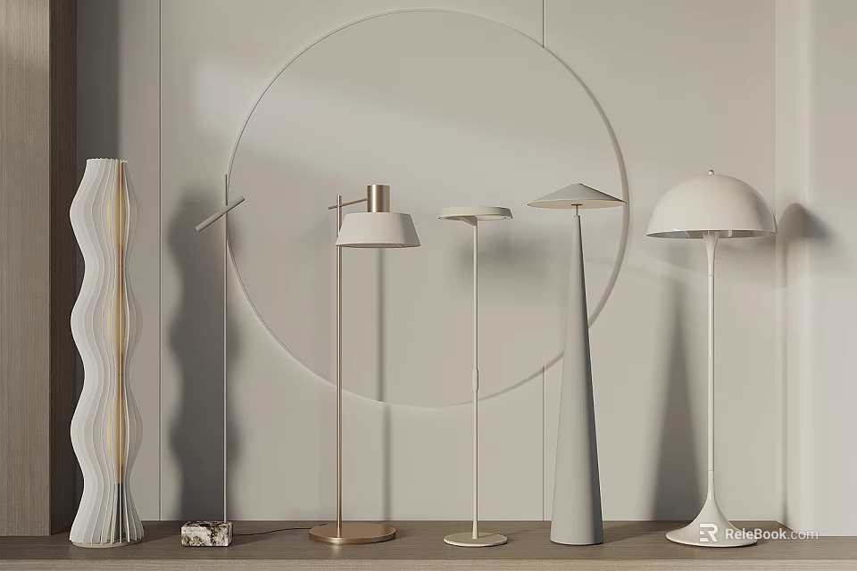 Stylish Floor Lamps in Living Room Interior With Round Mirror And Wave Shaped Vase 3d model 