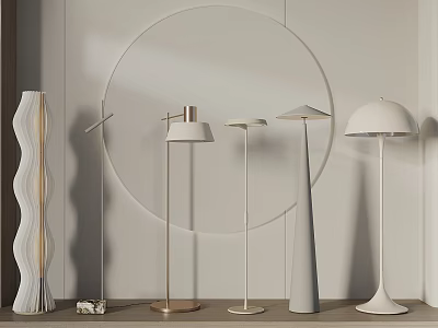 Stylish Floor Lamps in Living Room Interior With Round Mirror And Wave Shaped Vase 3d model