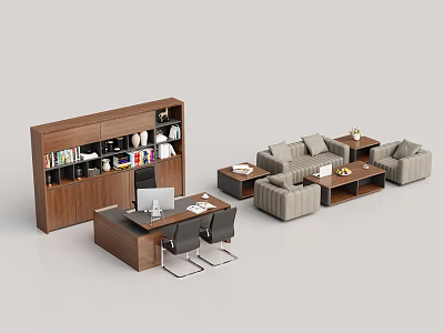 Modern Wooden Office Desk With Computer Documents Black Chairs And Brown Bookshelf In Workspace 3d model