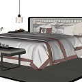 New Chinese Double Bed Fabric Double Bedside Table Bed End Stool Table Lamp Ornaments Pillow 3d model
