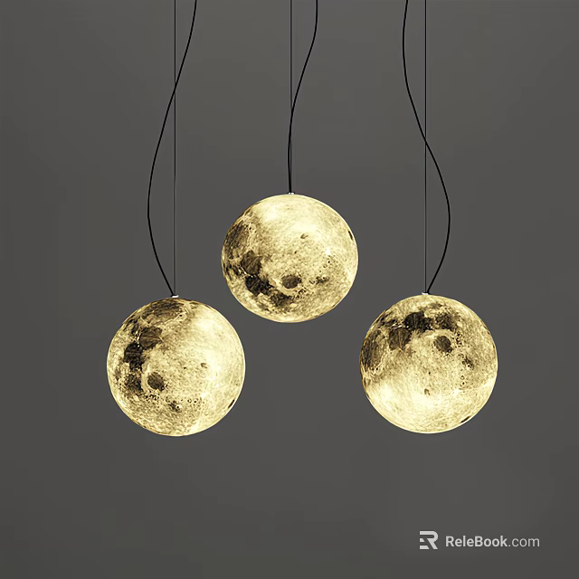 Three Spherical Pendant Lights With Moon Surface Texture Illuminated On Gray Background 3d model 