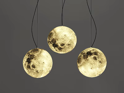 Three Spherical Pendant Lights With Moon Surface Texture Illuminated On Gray Background 3d model