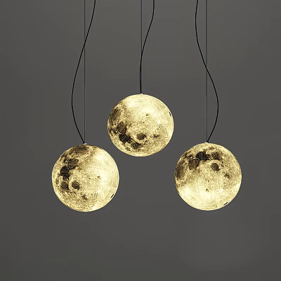 Three Spherical Pendant Lights With Moon Surface Texture Illuminated On Gray Background 3d model