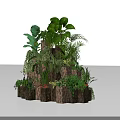 Natural Multi Tiered Floral Installation With Layered Green Plants And Wooden Bark Design