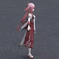 Game And Movie Character With Pink Hair Red And White Outfit Standing Modern Building Background