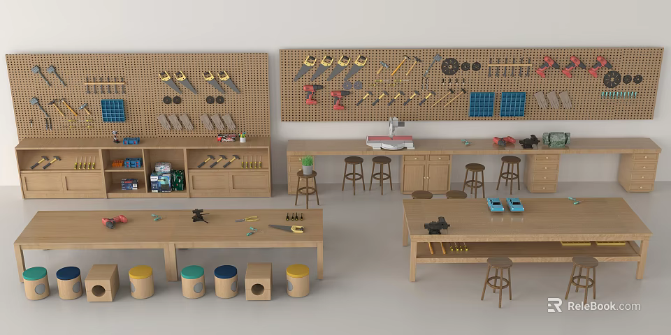 Functional Workbench With Tool Pegboards Tools Stools And Storage Cabinets 3d model 