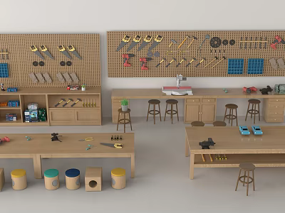 Functional Workbench With Tool Pegboards Tools Stools And Storage Cabinets 3d model