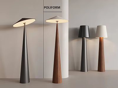 Modern Floor Lamps With Wooden And Metal Conical Bases And Light Shades 3d model