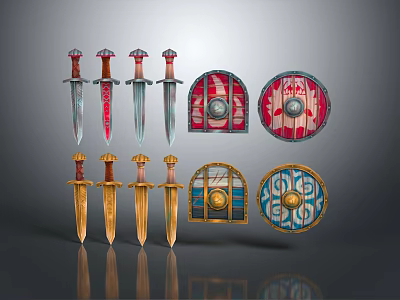 Medieval Weapons Collection With Multiple Swords And Decorative Shields Featuring Colorful Hilts 3d model