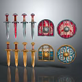 Medieval Weapons Collection With Multiple Swords And Decorative Shields Featuring Colorful Hilts