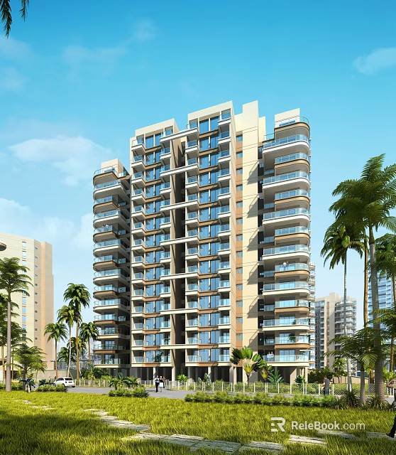 Modern High Rise Apartment Building With Balconies And Palm Trees Under Blue Sky 3d model 