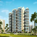 Modern High Rise Apartment Building With Balconies And Palm Trees Under Blue Sky