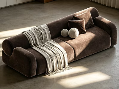Brown Velvet Two Seater Sofa With Throw Blanket And Pillows In Sunlit Living Room 3d model