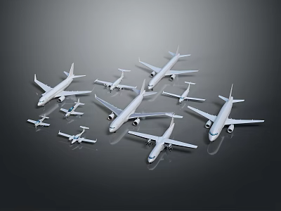 Multiple White Model Airplanes of Various Sizes on Dark Background 3d model