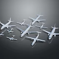 Multiple White Model Airplanes of Various Sizes on Dark Background 3d model