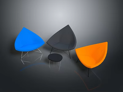 Vibrant Blue Gray Orange Single Chairs With Teardrop Shape And Metal Legs In Dark Background 3d model